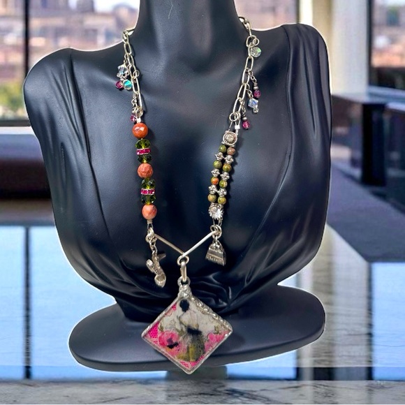 Hand Crafted Jewelry - Tiny Art Canvas Silver & Glass Pendant w/ Unakite & Pink Jasper Artisan Necklace
